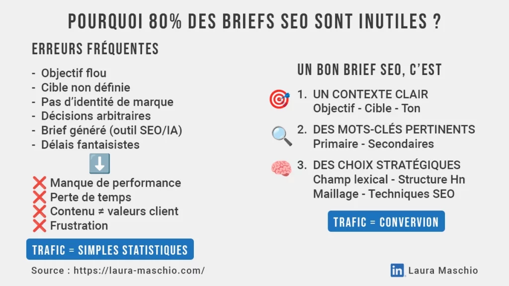 Brief-SEO-TLDR Image récapitulative des erreurs courantes sur un brief SEO et de ce qui fait un bon brief SEO (tout est détaillé dans le texte à suivre).