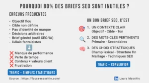 Image récapitulative des erreurs courantes sur un brief SEO et de ce qui fait un bon brief SEO (tout est détaillé dans le texte à suivre).