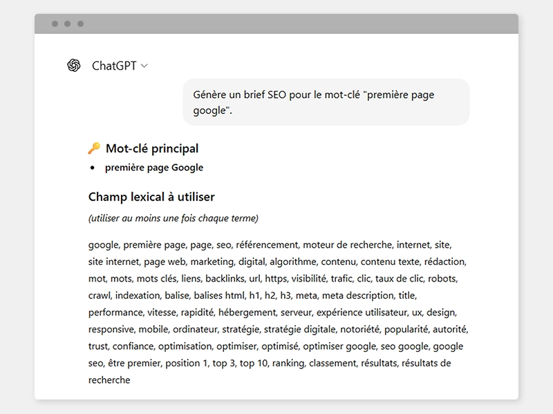 Mauvais-brief-SEO Brief SEO automatique généré par ChatGPT. Il propose un champ lexical à utiliser sous forme de longue liste de mots-clés non triés