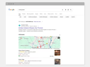 SERP pour la requête "achat guitare". Thomann, leader européen, arrive premier devant les petites entreprises