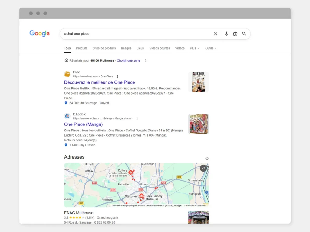 Capture d'écran pour la recherche "achat one piece": la fnac et Leclerc arrivent premiers devant les petites entreprises locales