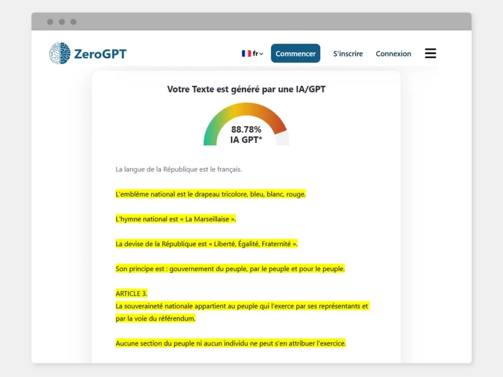 Capture d'écran d'un détecteur d'IA indiquant qu'un texte est généré à 88,78% par une IA. Le texte surligné est celui de la Constitution française de 1958. 