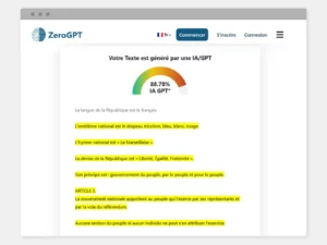 Capture d'écran d'un détecteur d'IA indiquant qu'un texte est généré à 88,78% par une IA. Le texte surligné est celui de la Constitution française de 1958.