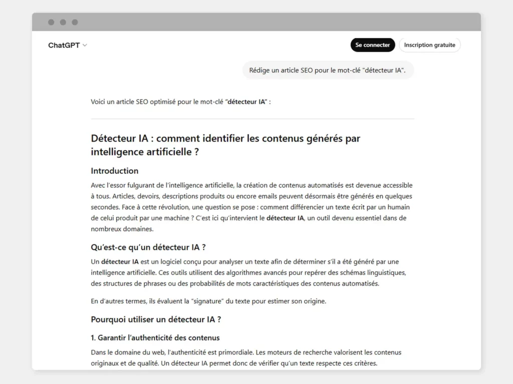 Capture d'écran de ChatGPT rédigeant un article générique pour le mot-clé "détecteur IA". 
