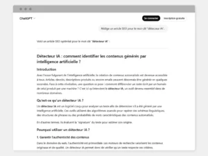 Capture d'écran de ChatGPT rédigeant un article générique pour le mot-clé "détecteur IA".