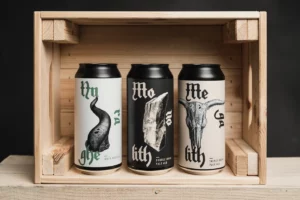 Trois canettes de bières Prizm dans une caisse en bois