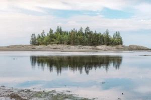Photo dûn îlot se reflétant dans l'eau au parc national du BIC au Québec
